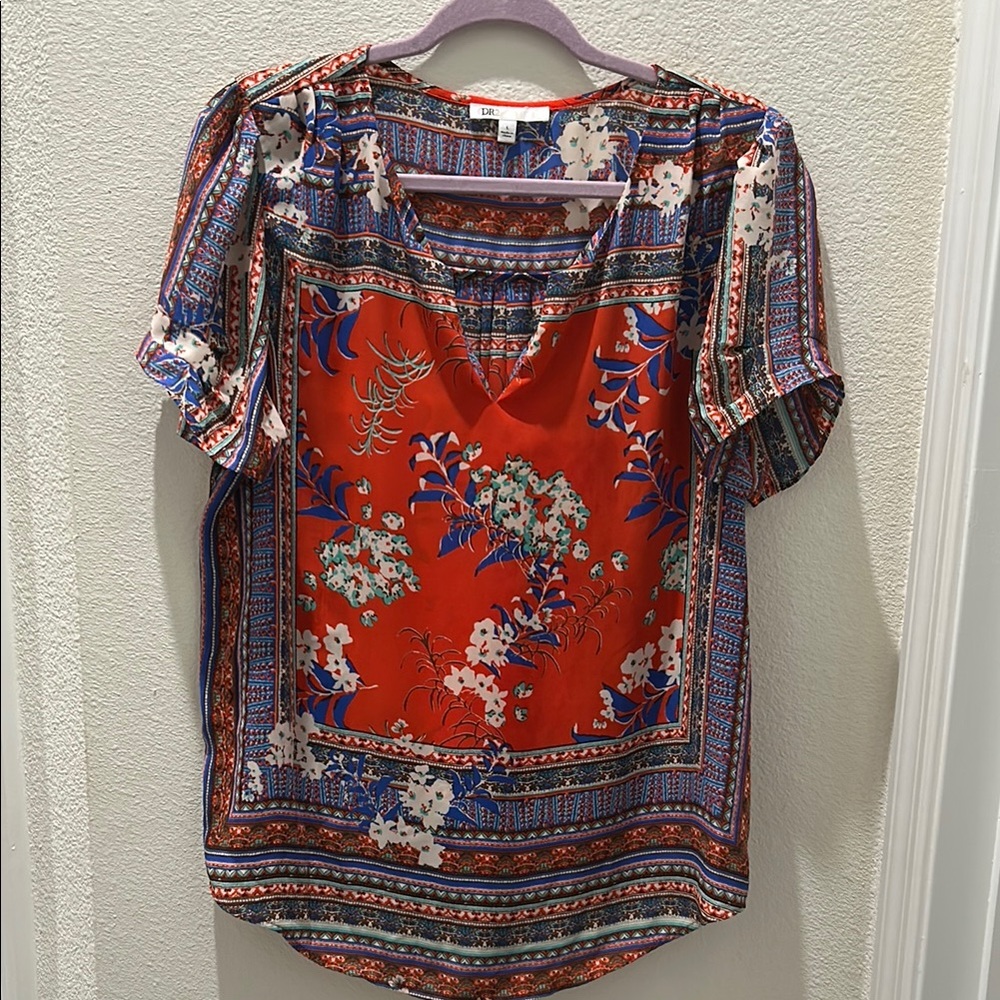 DR2 brand Floral V-Neck Blouse - Red and Blue Spring Summer TOP